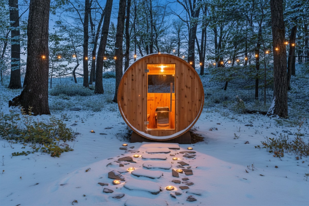 Nordic Nights: Cozy warmth and string lights in your private winter sauna.