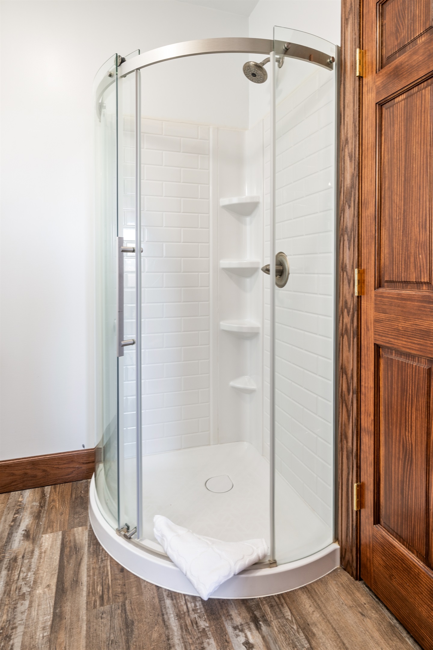 Compact walk-in shower perfect for refreshing after lake adventures