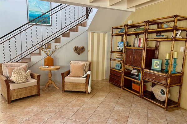 Living room seating area.  Feel free to checkout the books and games.