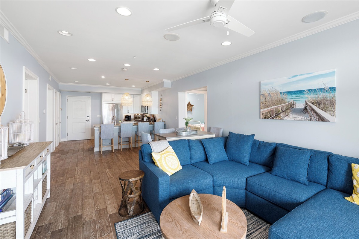 living room open to kitchen and dining