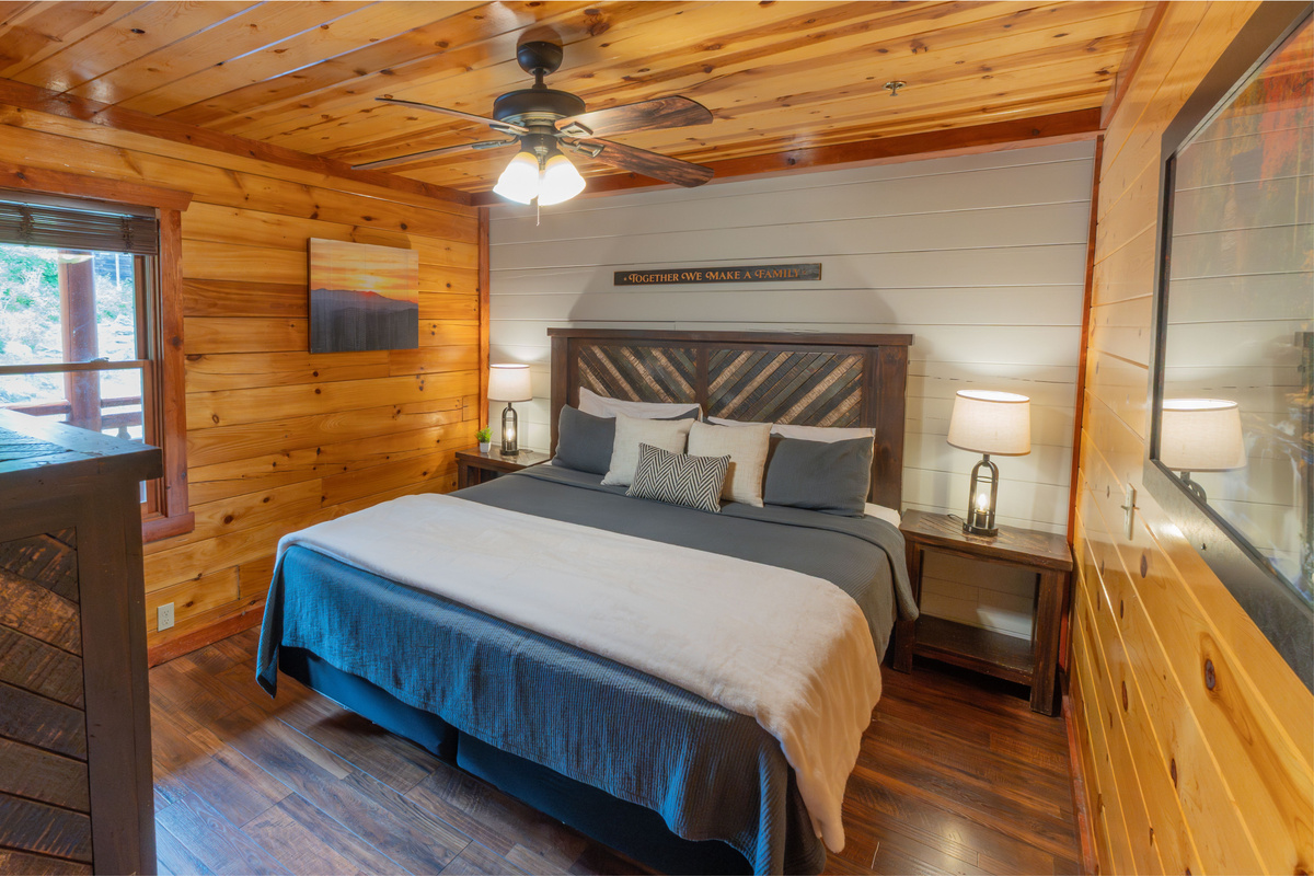 Our cozy main floor king bedroom with luxury cotton sheets, comfy mattress and extra bedding is the perfect retreat after a long day of play.