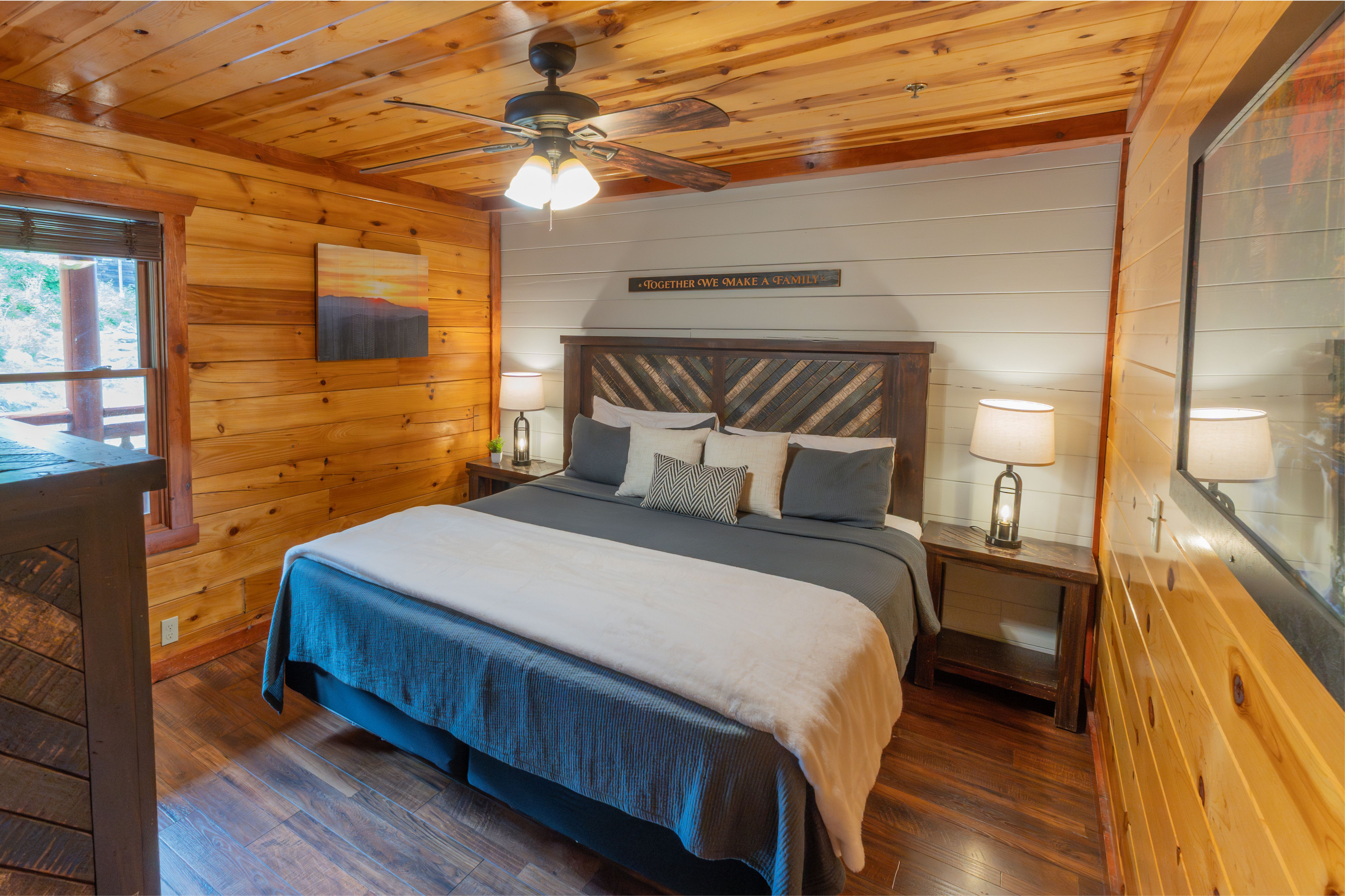 Our cozy main floor king bedroom with luxury cotton sheets, comfy mattress and extra bedding is the perfect retreat after a long day of play.