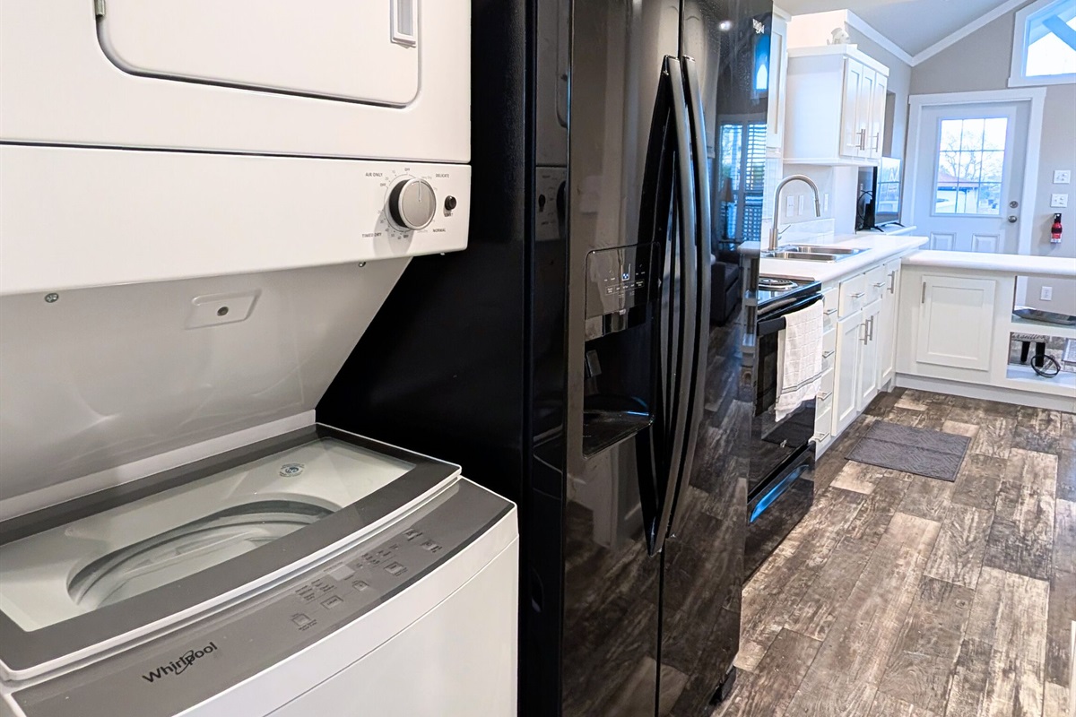 Full sized appliances and stack washer and dryer