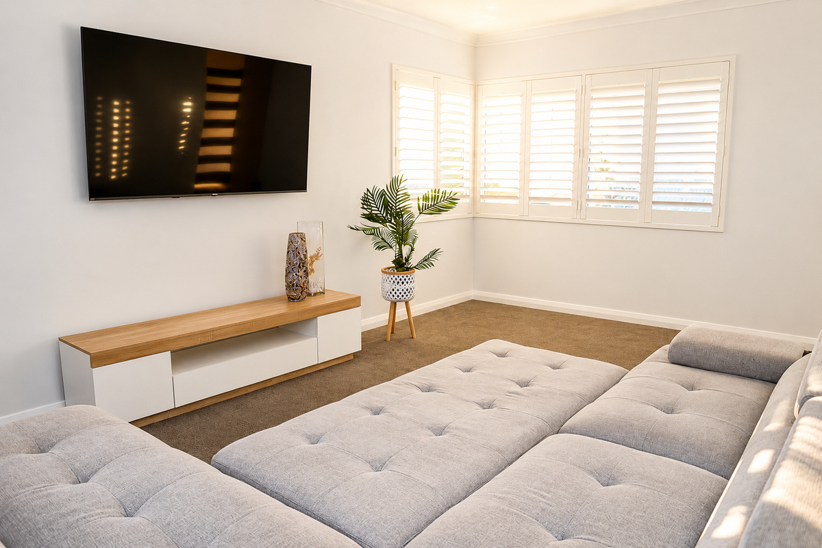 Main living area at Sant’s Beach Retreat, with lounge seating and easy connection to the dining and kitchen spaces.