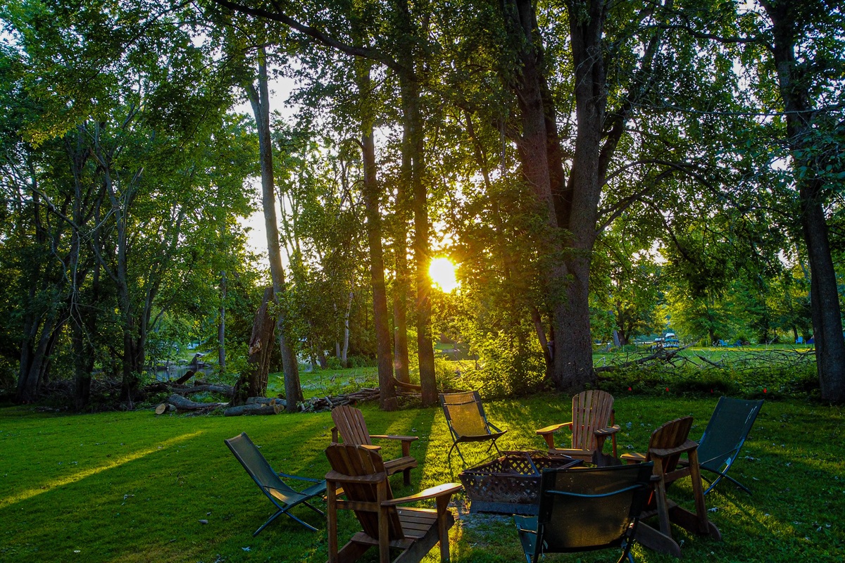 campfire vibes: fire pit with 8 comfortable chairs. firewood included