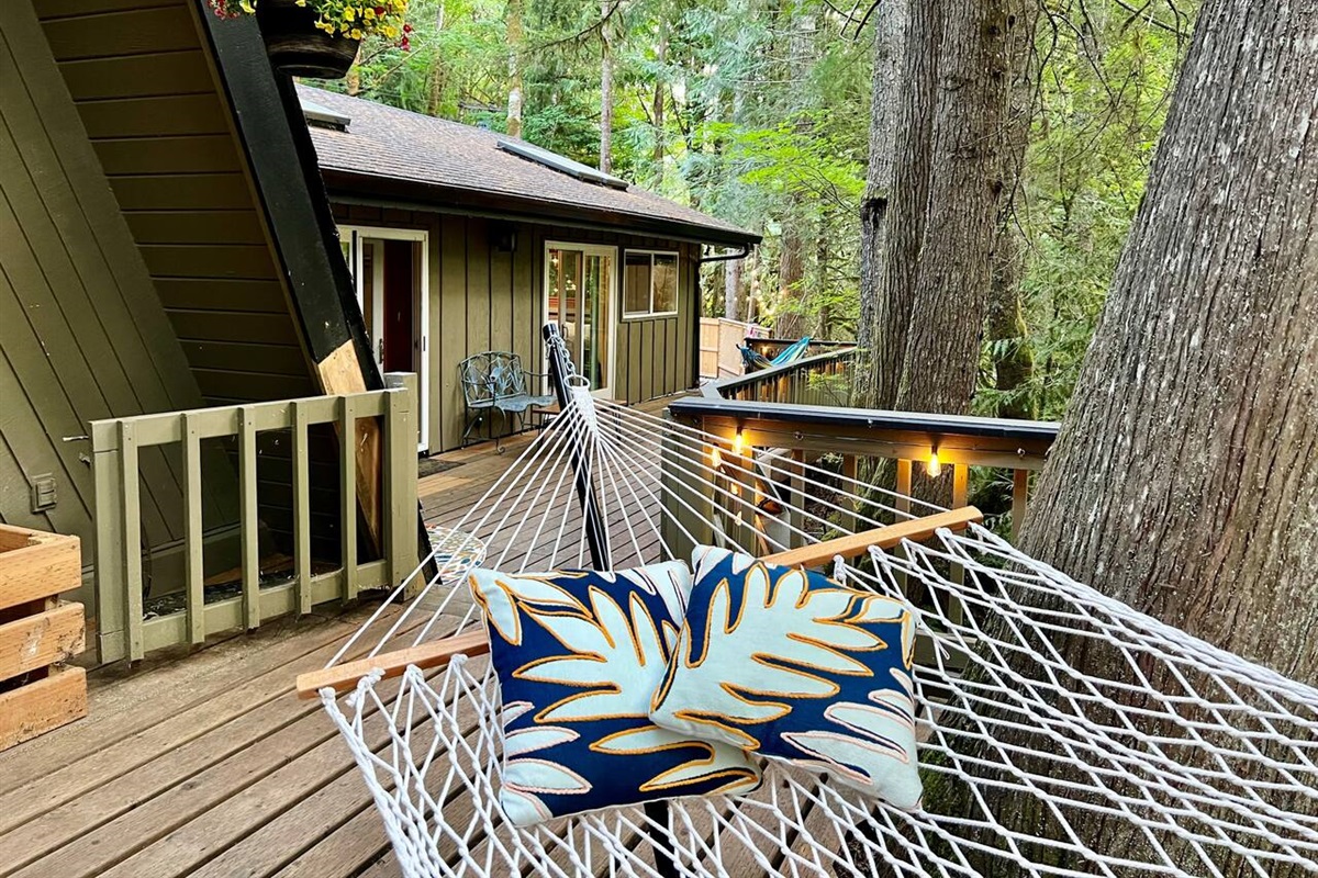Back Deck on main floor level, overlooking the Sandy River. Access from Main Level Living Room, Master Bedroom, and King Size Guest Bedroom.