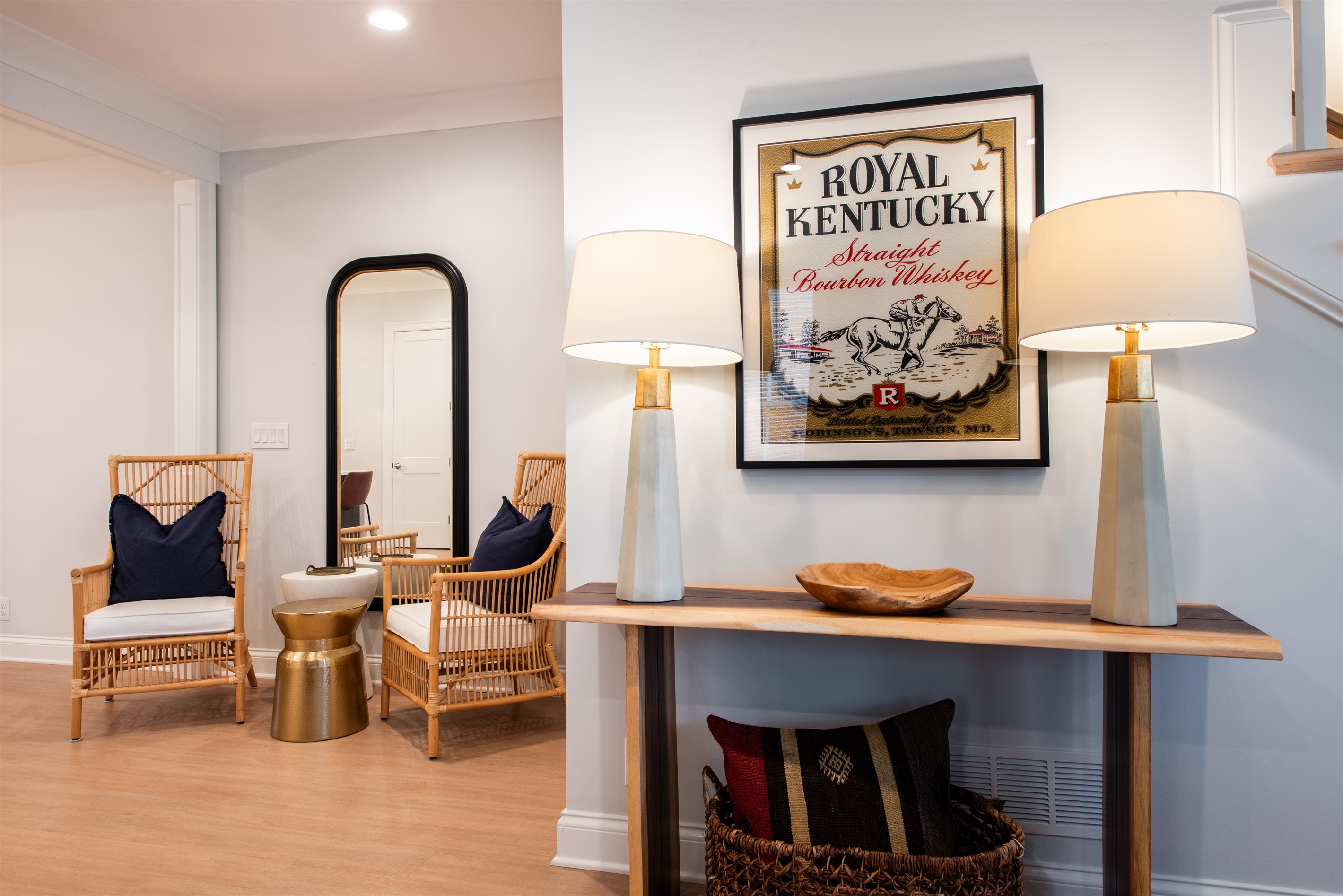 Underneath the stairwell is a small sitting area with extra storage. Perfect nook for reading your latest Kentucky Bourbon Trail news!