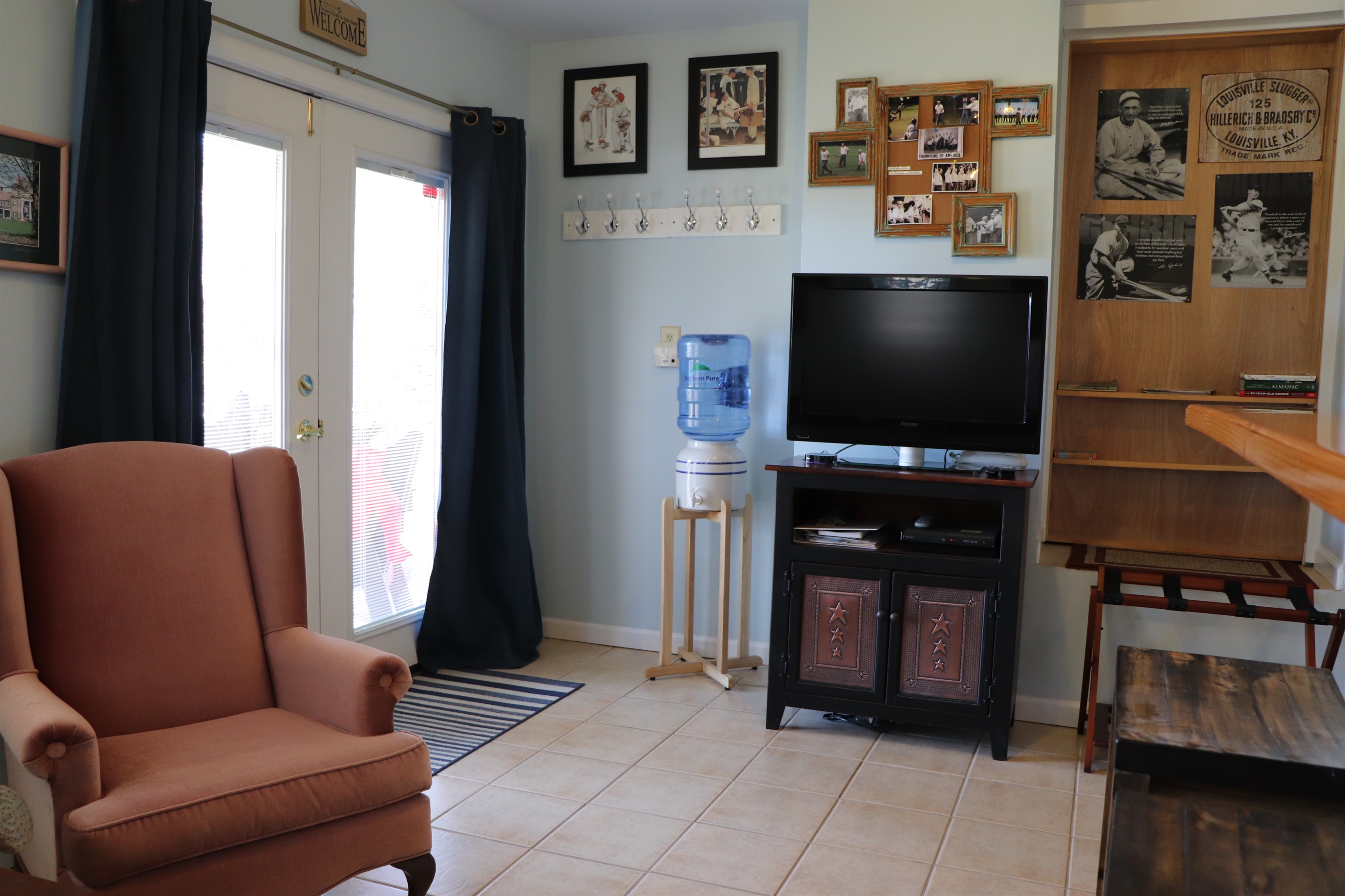 Living area with French doors to covered deck