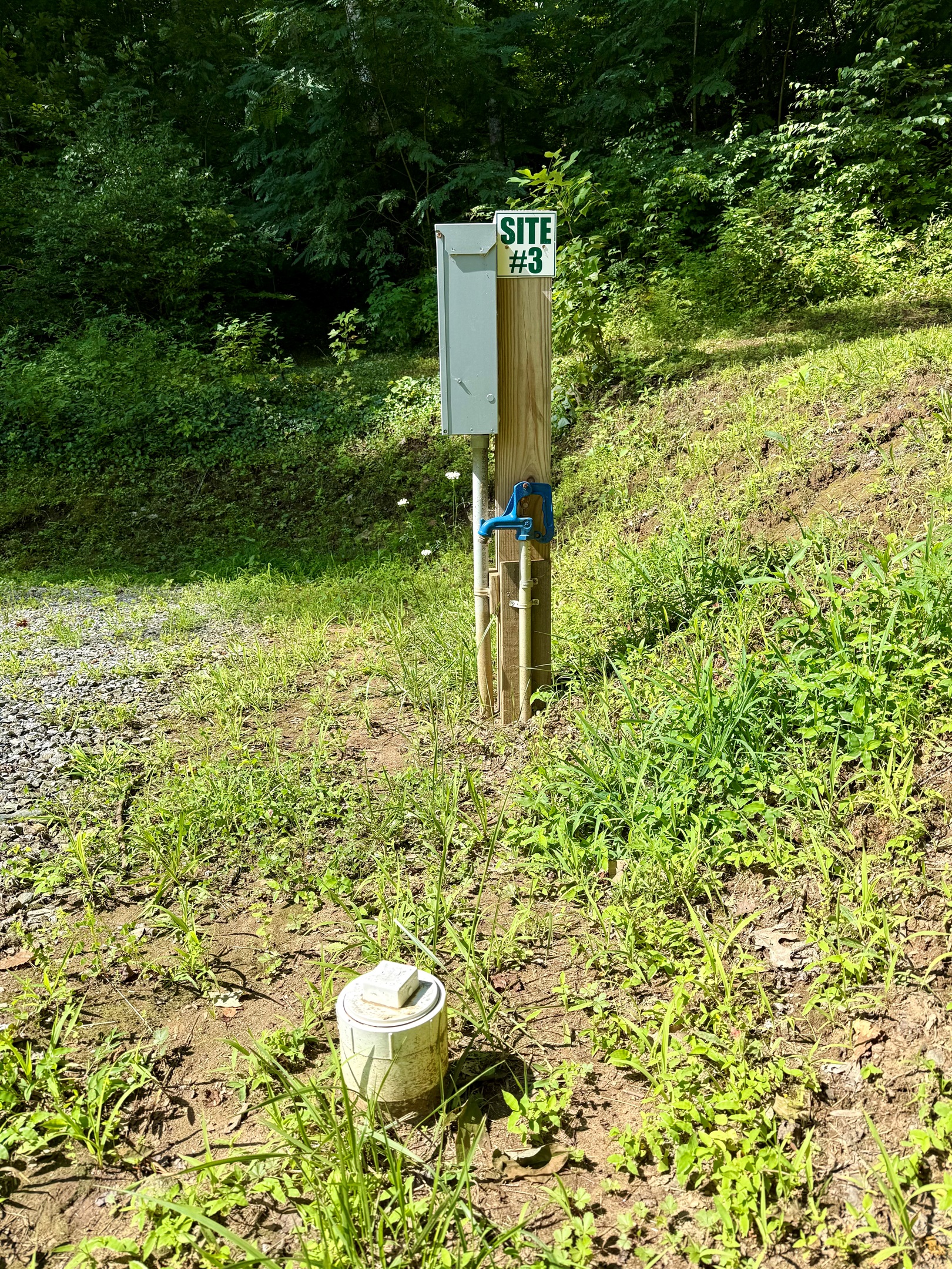 Pull in, plug in, and relax! Site 3 has 50-amp service, water & sewer, plus a picnic table for outdoor meals.