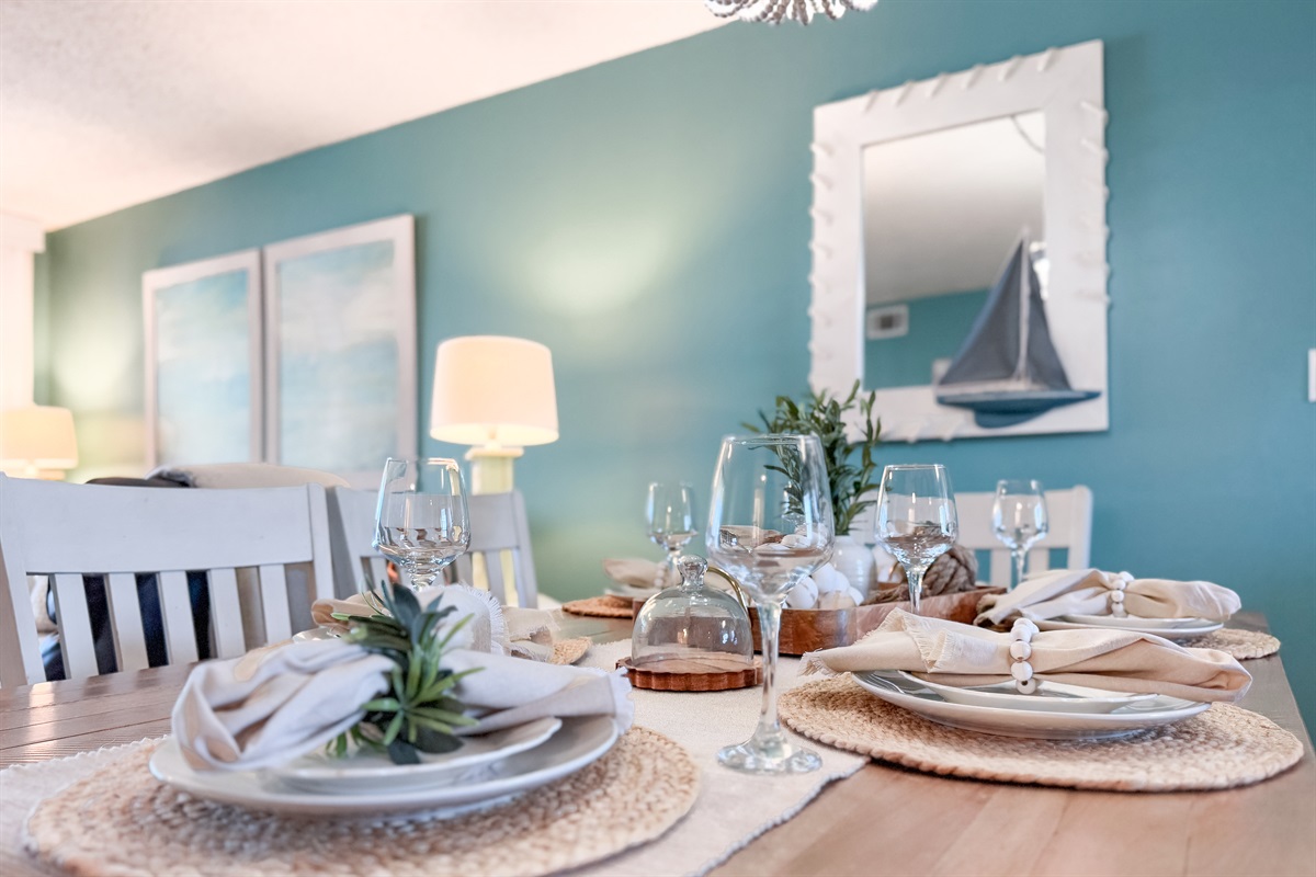 The natural textures and soft light create a serene atmosphere perfect for enjoying meals with a view.