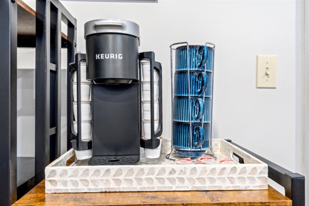 Start mornings right with the Keurig coffee station, perfect for fueling ski days or slow cabin starts.