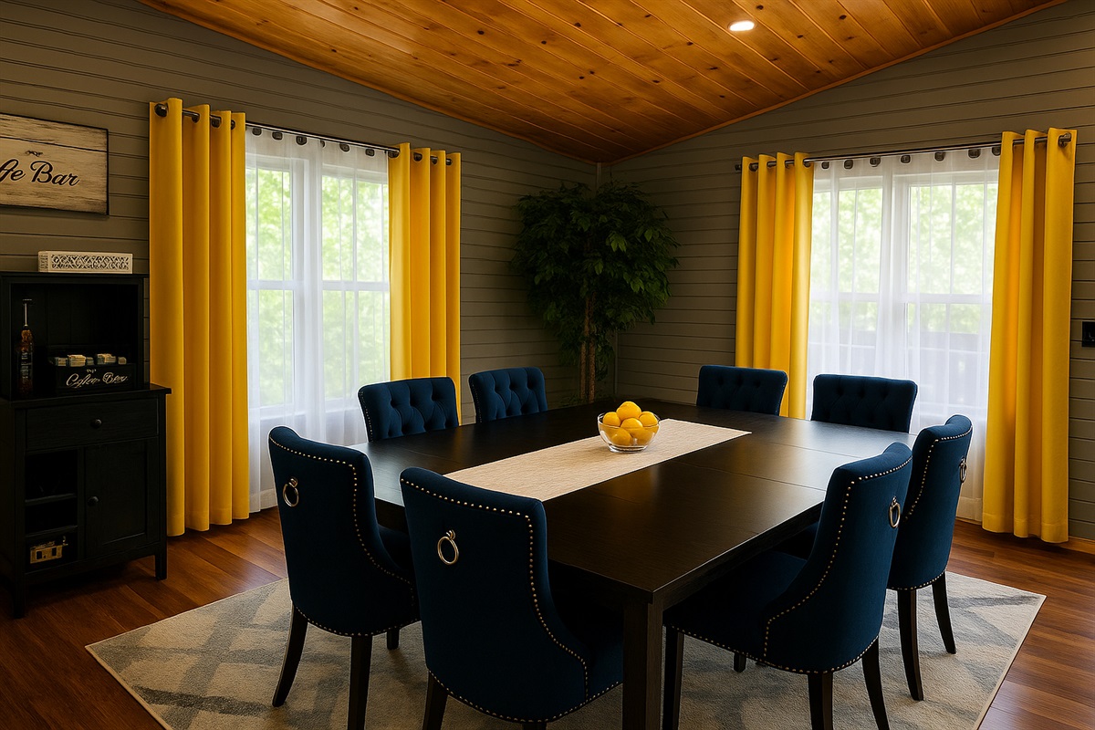 HUGE dining space for 8 (But can fit 10 easily), 3 bar stools, 1 baby high chair. What else do you need?