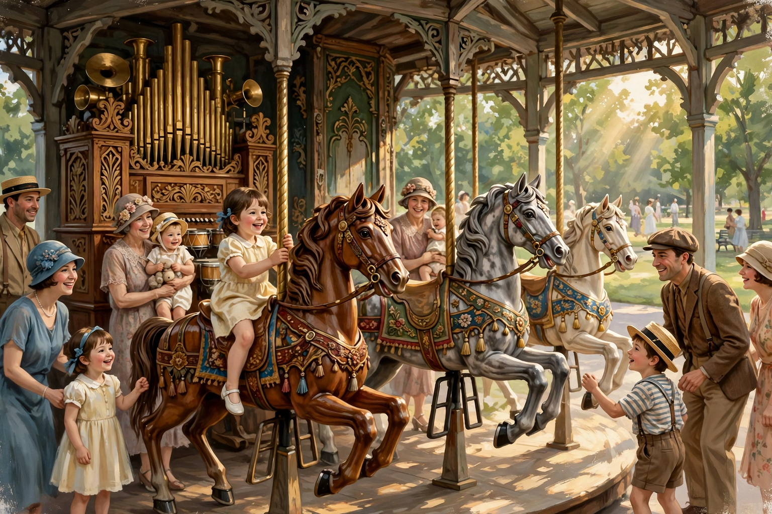 Illustration of a 1920s wooden carousel with carved horses in a park pavilion
