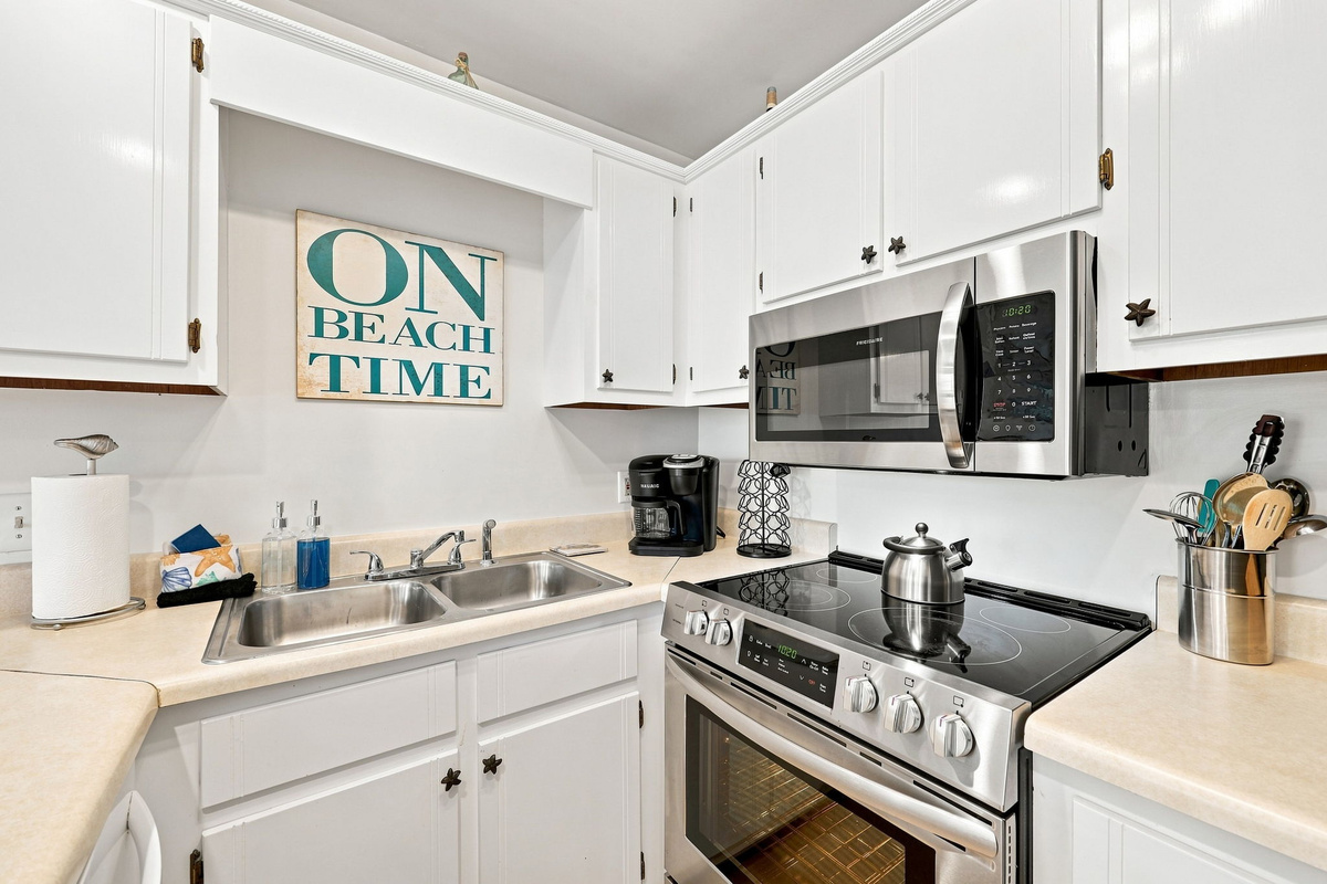 Thoughtfully equipped with a coffee maker, stainless steel stove, and all the essentials for your stay.