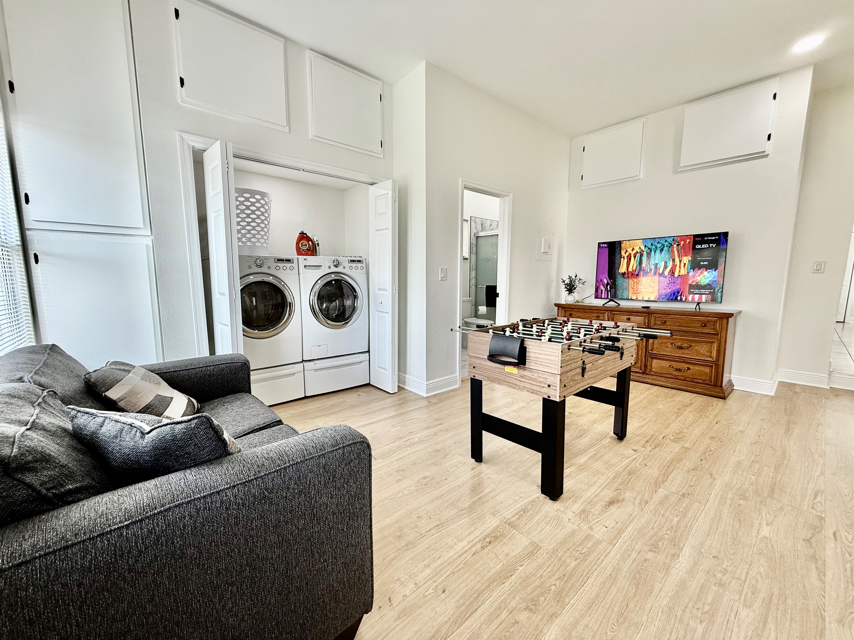 Keep the fun going while the laundry’s spinning! This versatile space features a foosball table for friendly competition and a washer/dryer to keep everything fresh during your stay.
