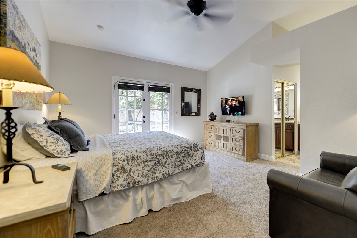 Master with Door to Pool and Television.  Single Sleeper Sofa
