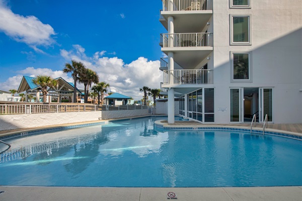 Outdoor pool that connects to the indoor pool.  Seasonally heated.