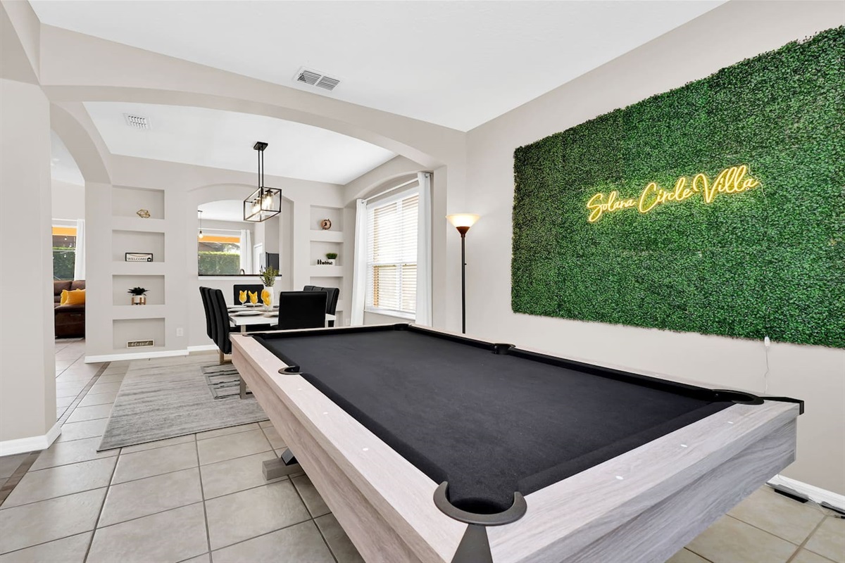 NEW Pool table! Come play a game with friends and snap a pic of your winning pose next to our insta-worthy wall!