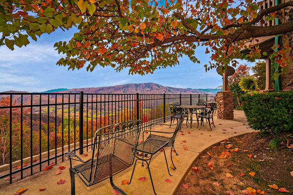 Terrace bistro tables overlooking Wears Valley in autumn, Tanasi Lodge