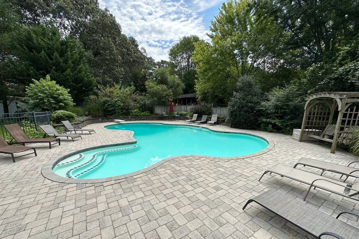 Pool with plenty of lounge chairs and swing
