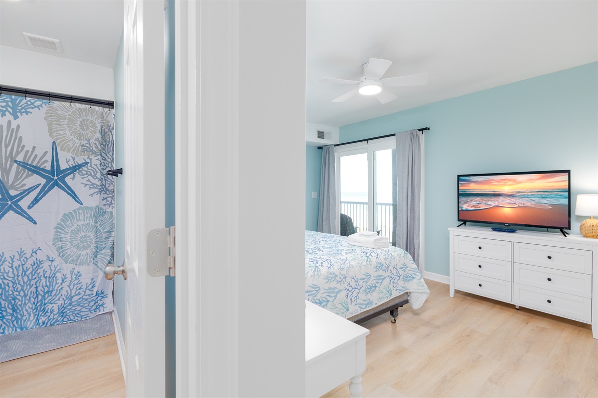 Master bathroom view of the bedroom