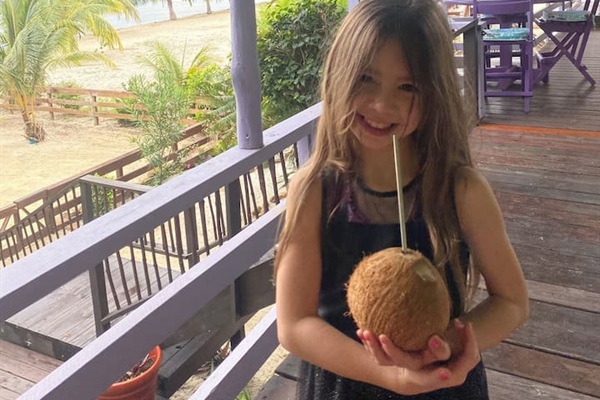View of the balcony when exiting the living room door. Yes, there are lots of coconuts on the property.