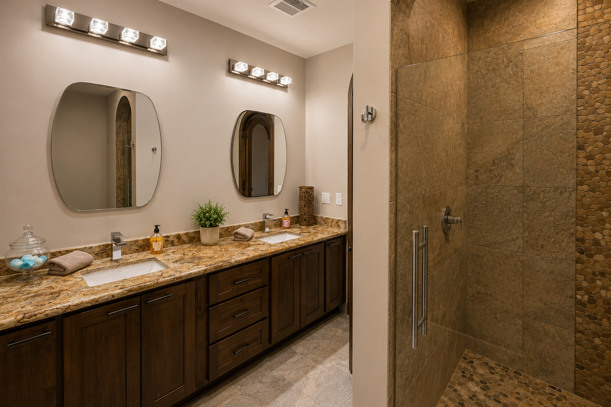 Casita 3:  Private en-suite bathroom with a double vanity and a large walk-in shower.