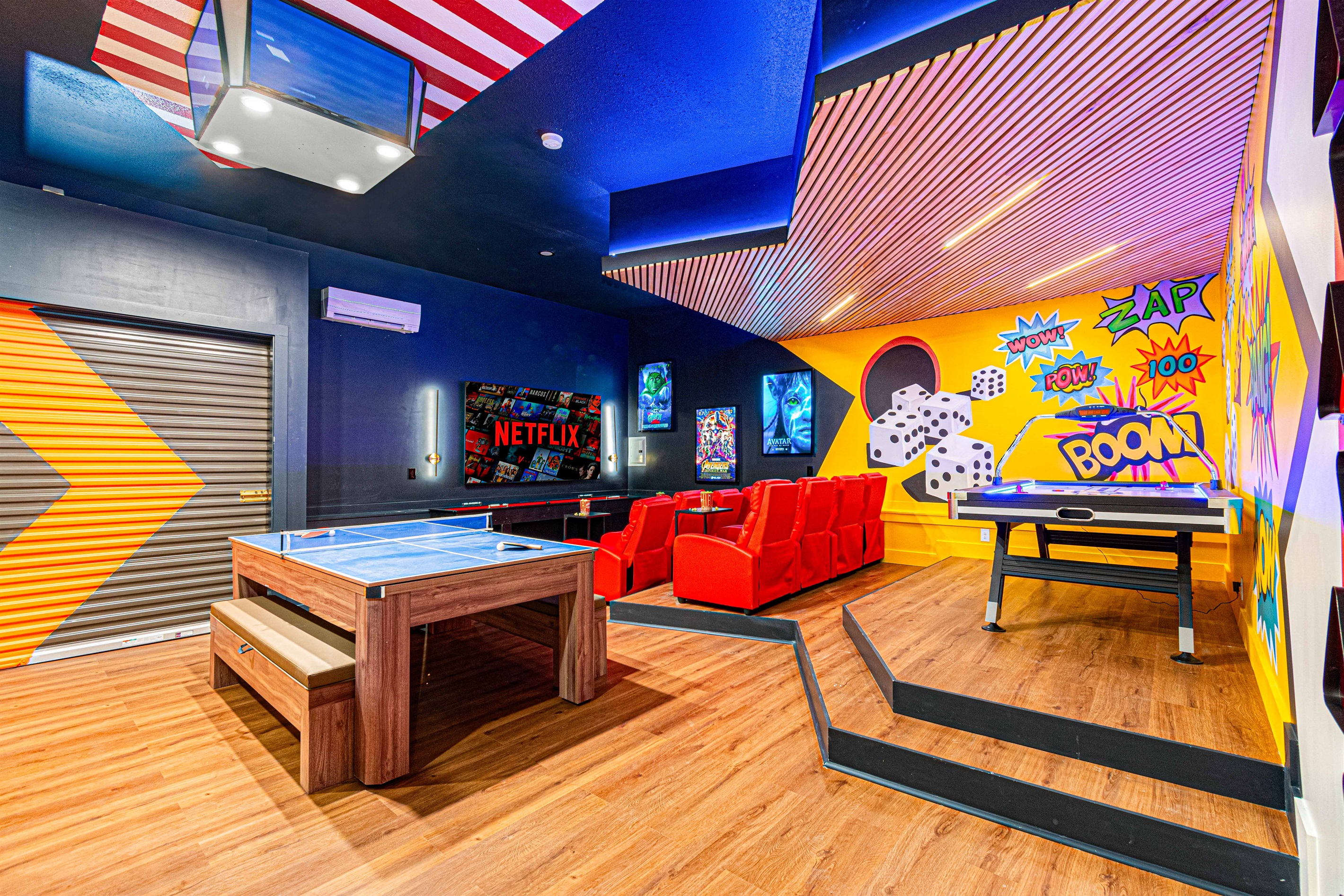 Get ready for non-stop entertainment in our epic game room! 🎮✨ With pool, ping pong, air hockey, darts, and a theater setup featuring a 4 TV jumbotron, there’s something for everyone. Bring your A-game and let the fun unfold! 🏆🎉