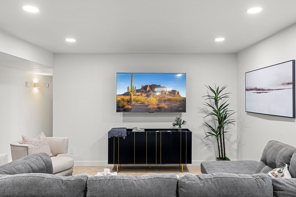 Comfortable living room with large TV—perfect for movie nights