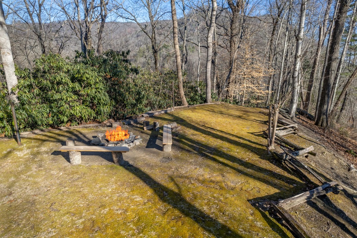 Private front yard with seating and room to roam and firepit