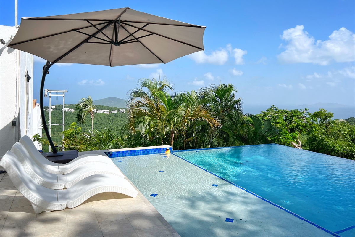 The pool deck also feature a large outdoor dining table with room for the whole family!