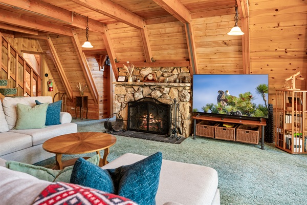 Wood-burning stone fireplace