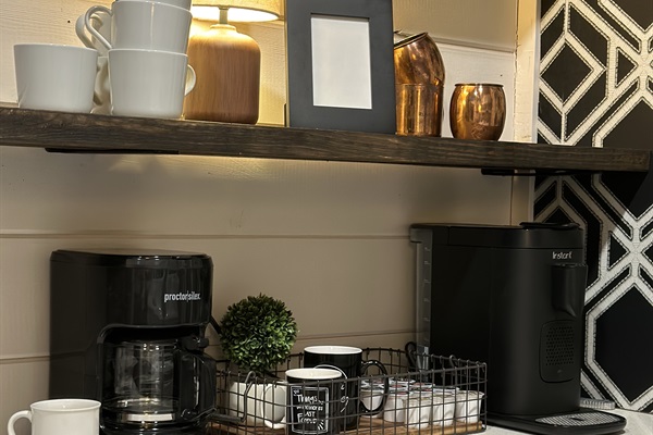 Wake up at our coffee bar - home of the cheapest souvenir in Hochatown! Bring your own mug and swap it with one of our collection. Drip coffee, K Cups, Nespresso pods, and Moka pot.