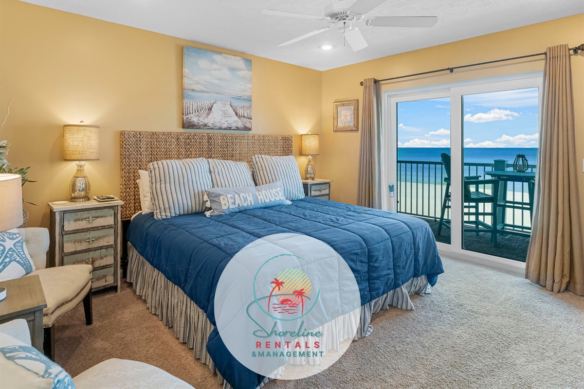 Upstairs master bedroom (2nd floor): King bed + private balcony + ensuite with Jacuzzi tub. Waking up to that view is everything.