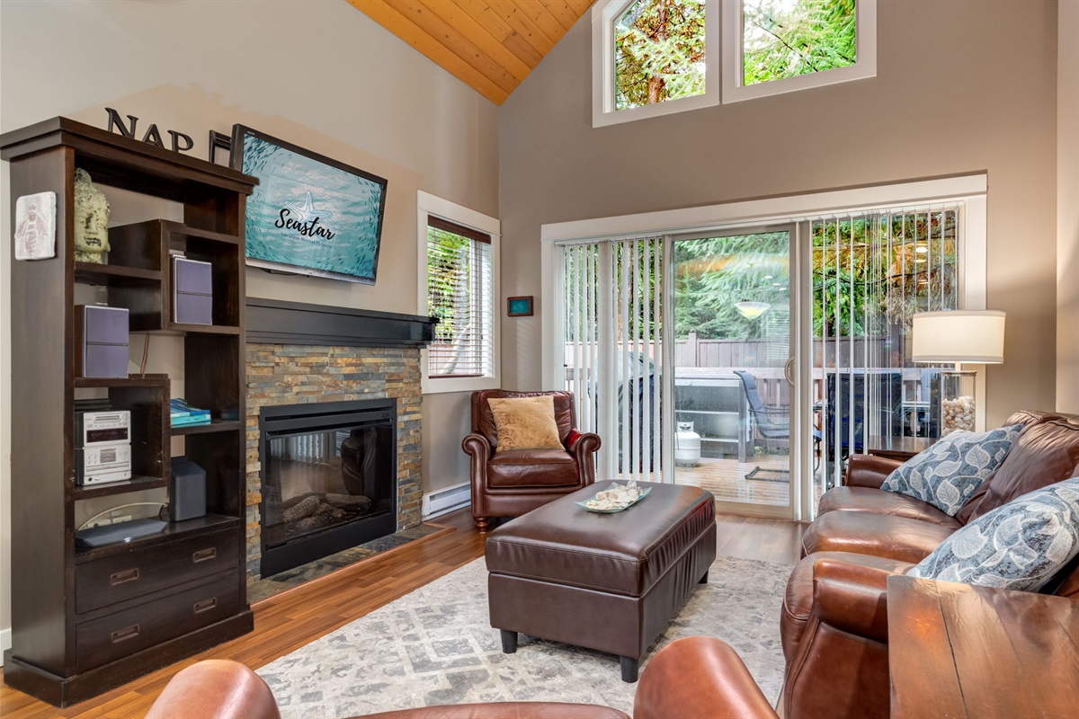 Cozy up by the fireplace after a day out