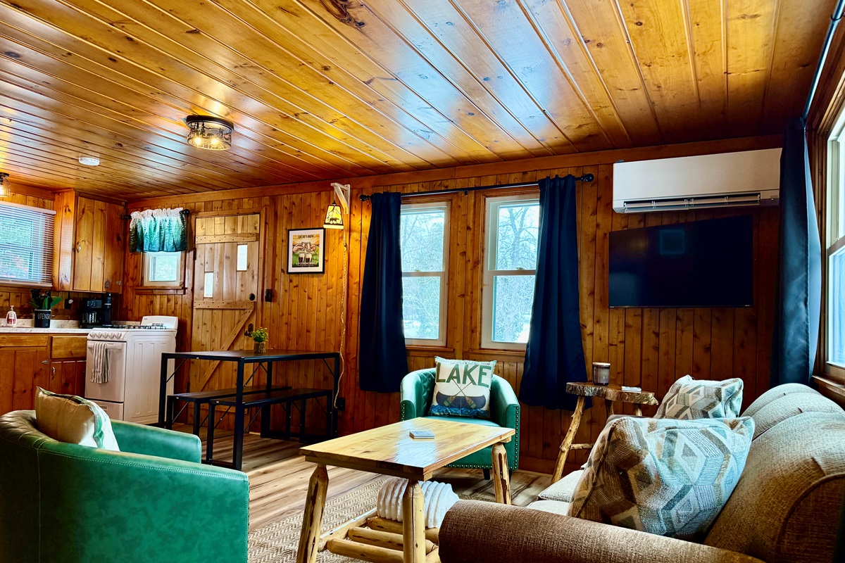 Watch the boats and ducks go down the river from the living room! Equipped with a queen size sofa sleeper.