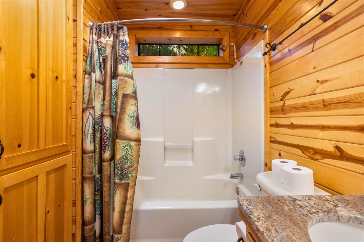 Full bathroom with pine accents and natural light.