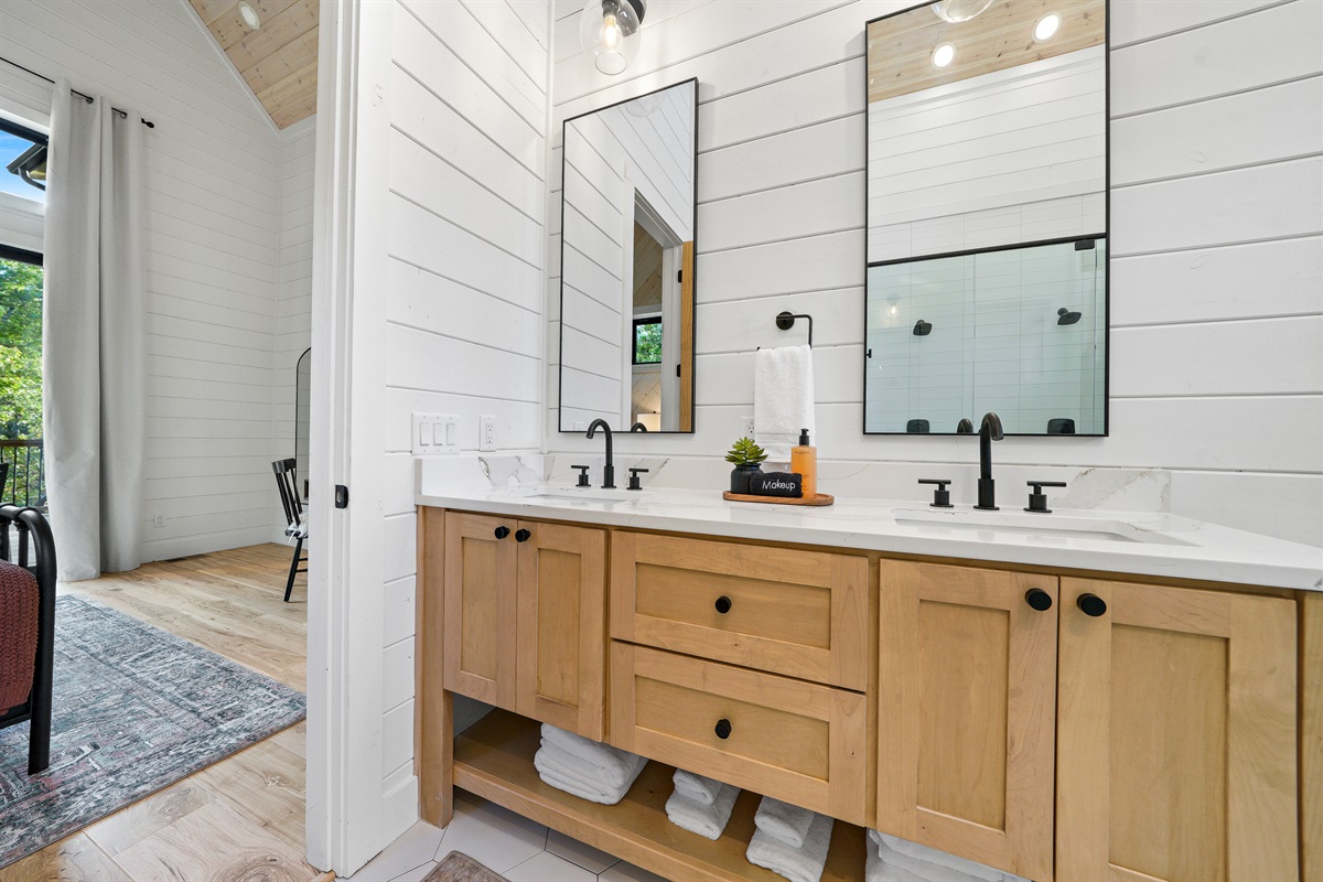 Suite #2 large private spa-like bath with gorgeous natural light, double vanity and toilet closet