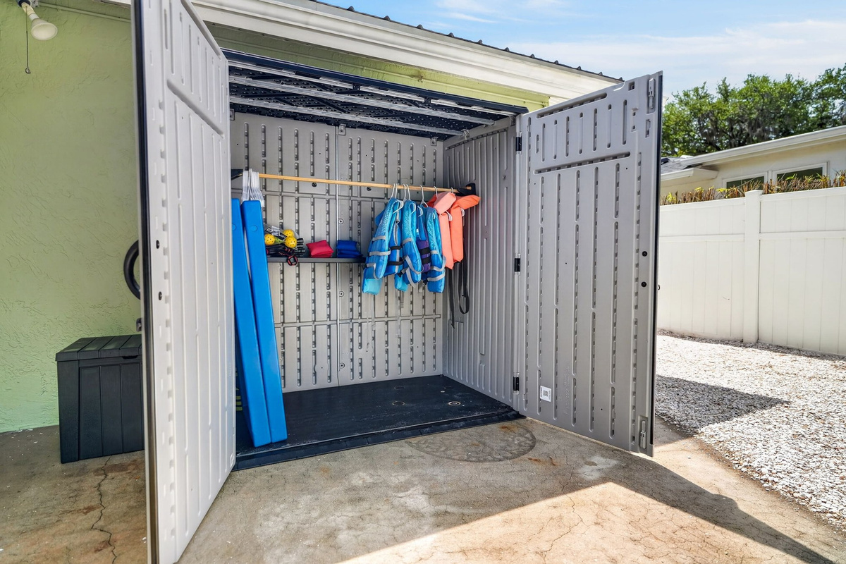 Shed interior with life jackets