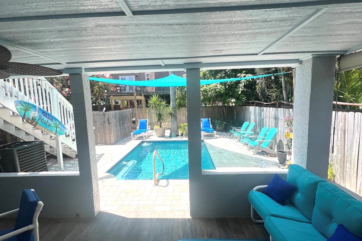 Back patio and pool area is a guest favorite place to relax, enjoy early morning coffee, dinner with family and friends, or just hanging out by the pool. 
