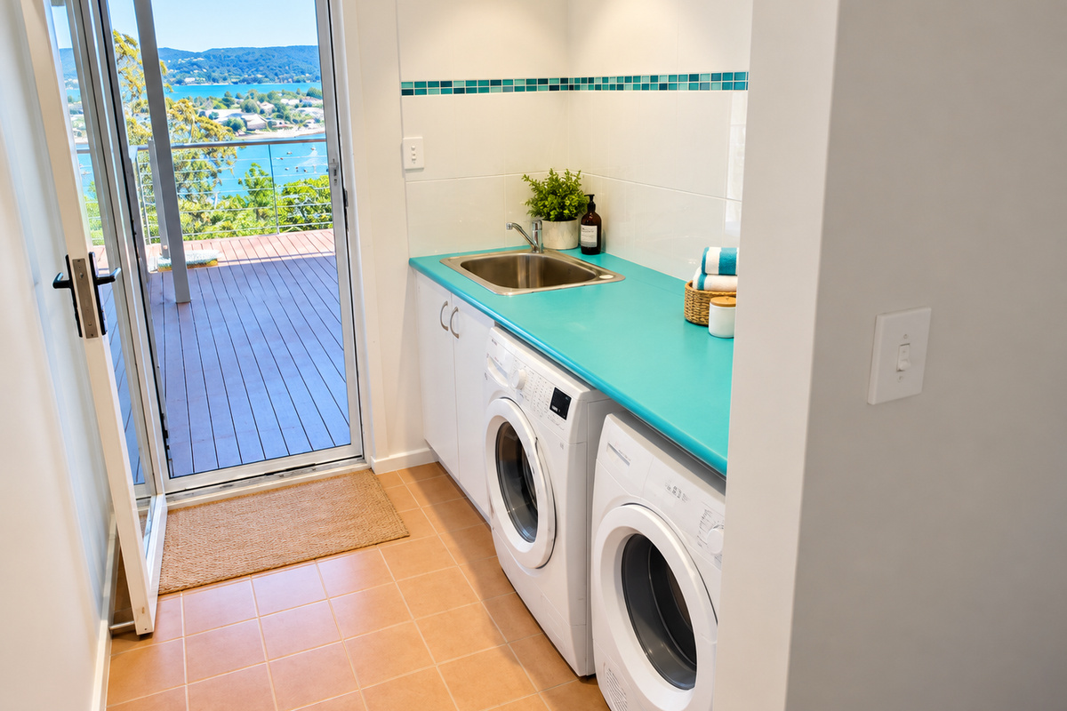 Perfect for families and extended stays, this practical laundry includes a washing machine, dryer, utility sink and built-in storage.