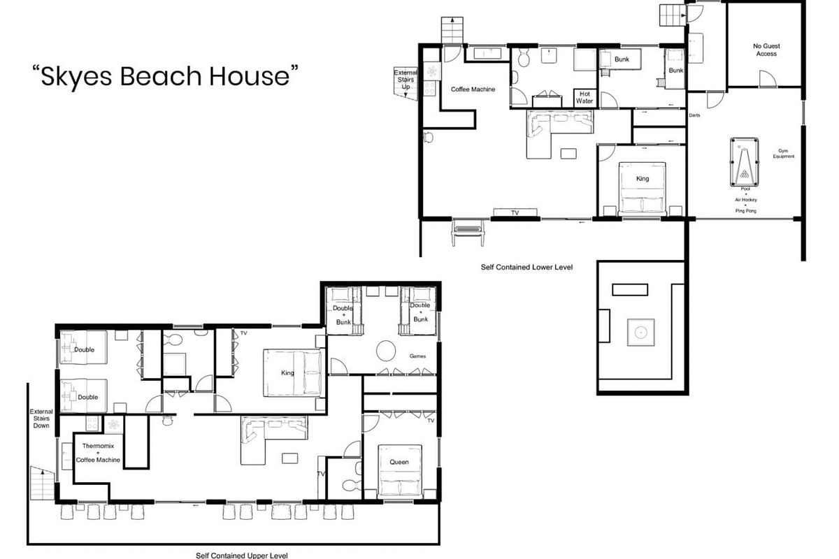The floor plan makes the scale of Skye’s Beach House clear, with separate upper and lower levels set up for flexible coastal stays.