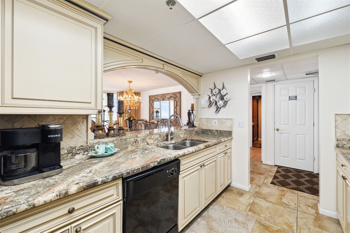 Kitchen bar overlooking living and dining room