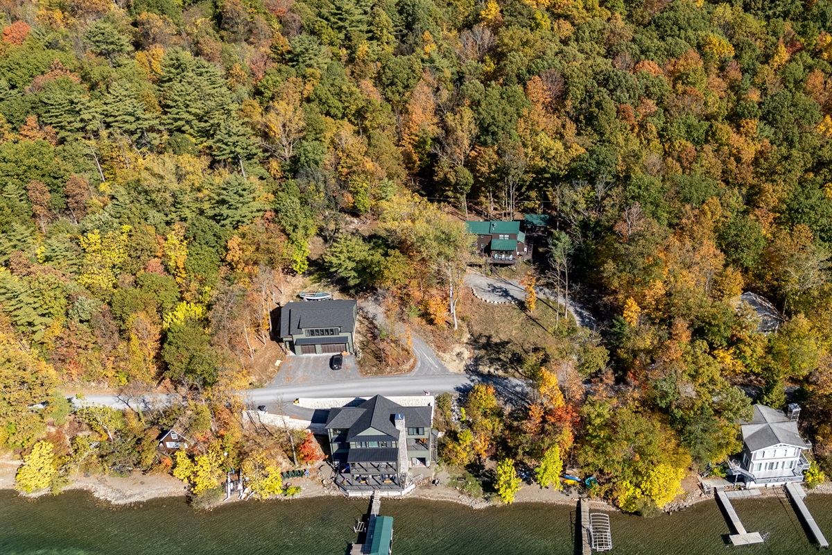 Aerial view of your private hillside retreat above Keuka Lake — nature & water in one