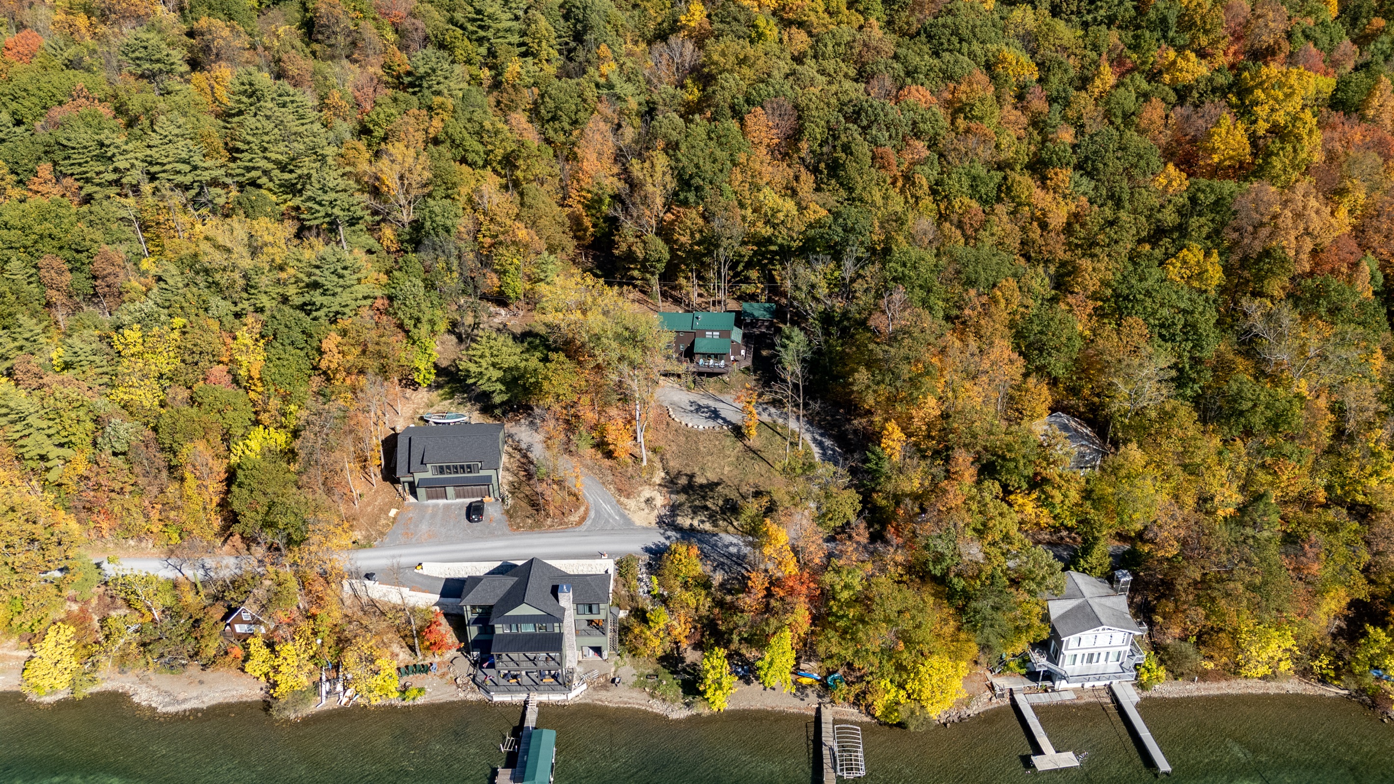 Aerial view of your private hillside retreat above Keuka Lake — nature & water in one