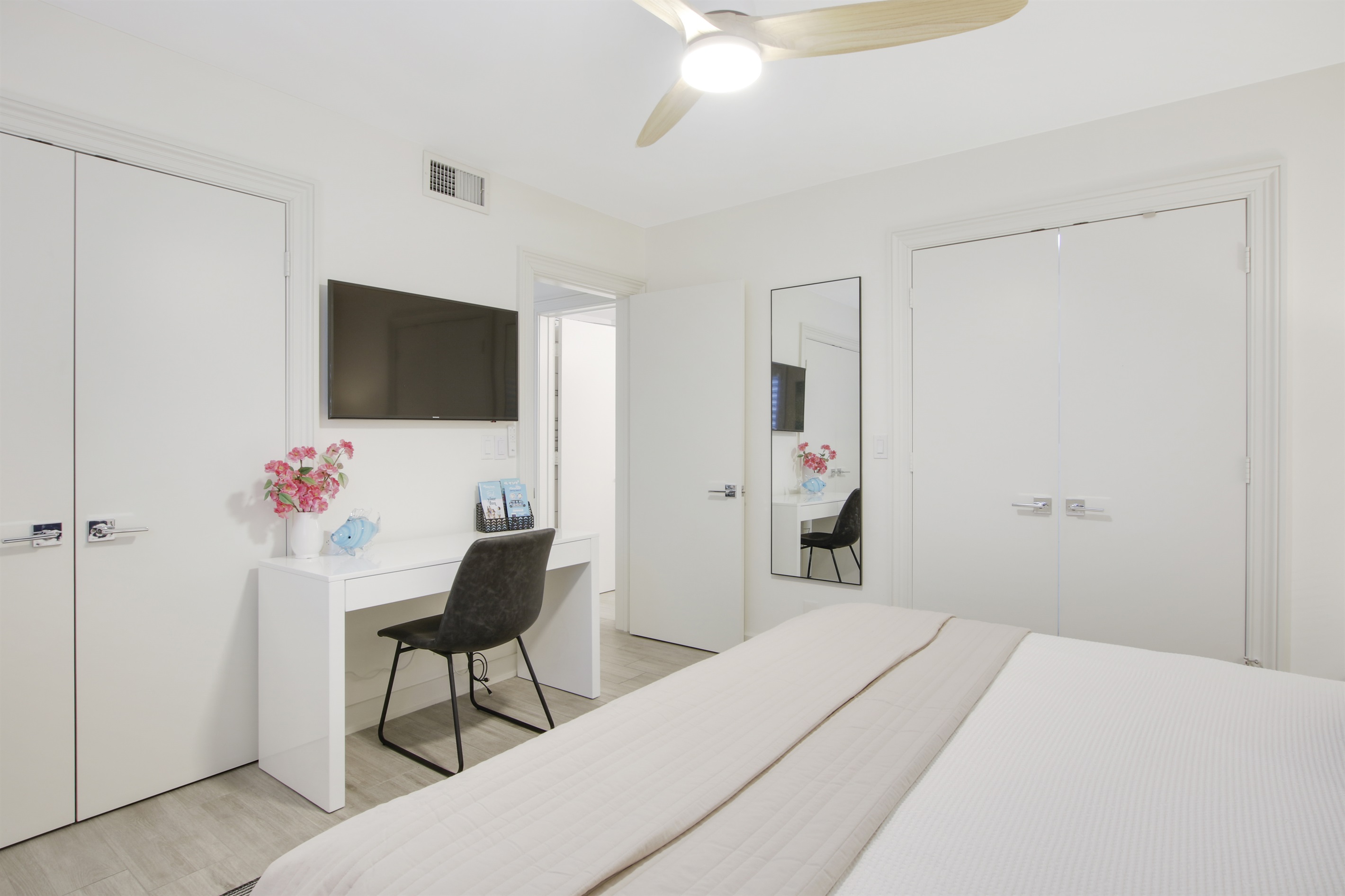 Dedicated workspace, surge protected USB ports, pens and notepad