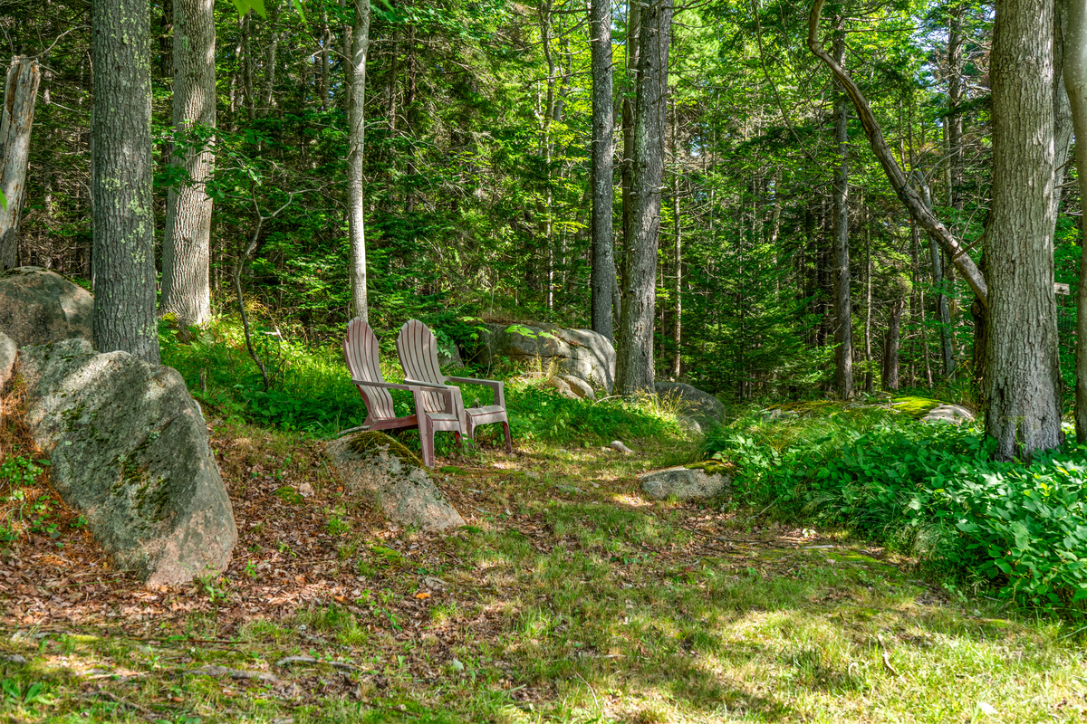 Immerse yourself in nature. Nestled among granite boulders and towering trees, this private seating area sits right on the boundary line of Acadia National Park, offering a quiet, shaded retreat steps from "The Crag."