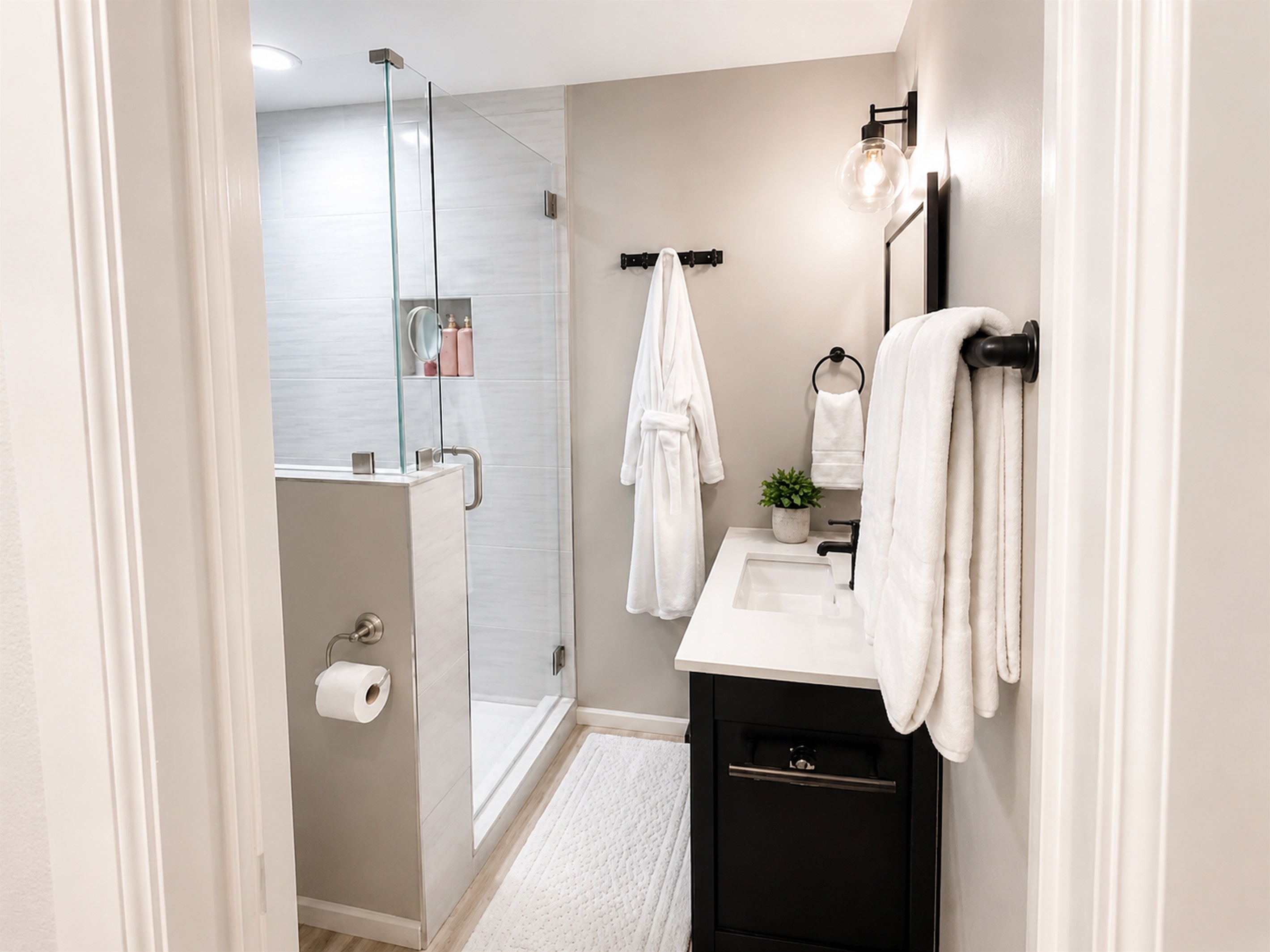 Bright and beautifully updated bathroom featuring a sleek walk-in shower and luxury touches throughout