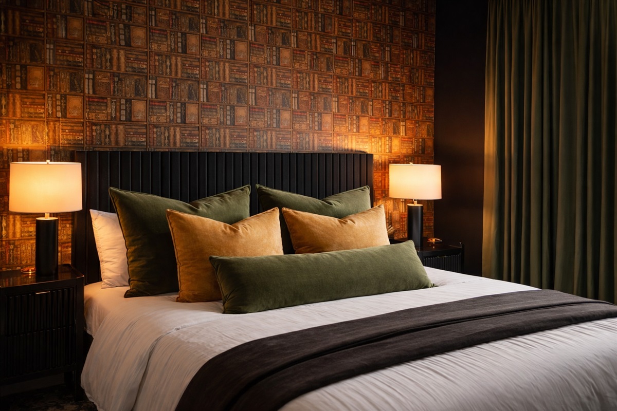 Bedroom 5 features a king ensuite with crisp white linens, layered velvet pillows, and moody book-inspired wallpaper for a cozy, boutique feel. Soft bedside lighting and blackout curtains make it perfect for restful, uninterrupted sleep.