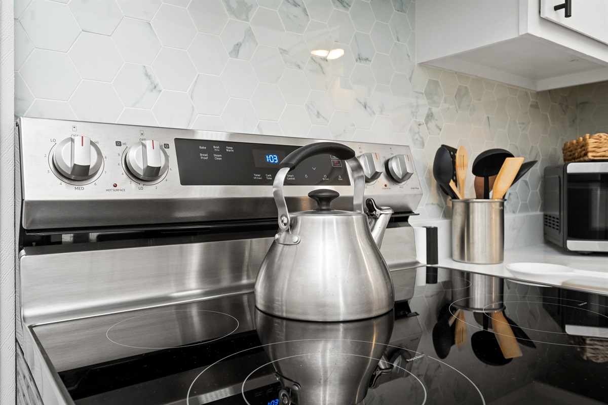 A kettle is provided so you can boil water quickly for your morning or nightly cup of tea!